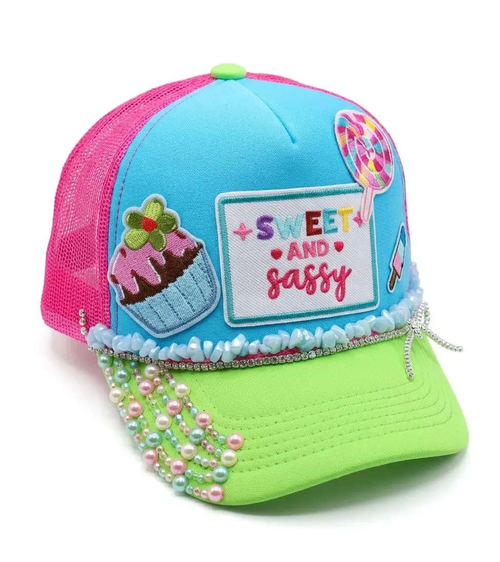 Sweet & Sassy Custom Trucker Hat – Pastel Pearl & Rhinestone Candy-Core Aesthetic