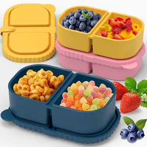 3 Pack Reusable Silicone Snack Containers with Lids, Mini Containers 2 Compartments, Portable Silicone Food Storage Box for Picnic, School, Office