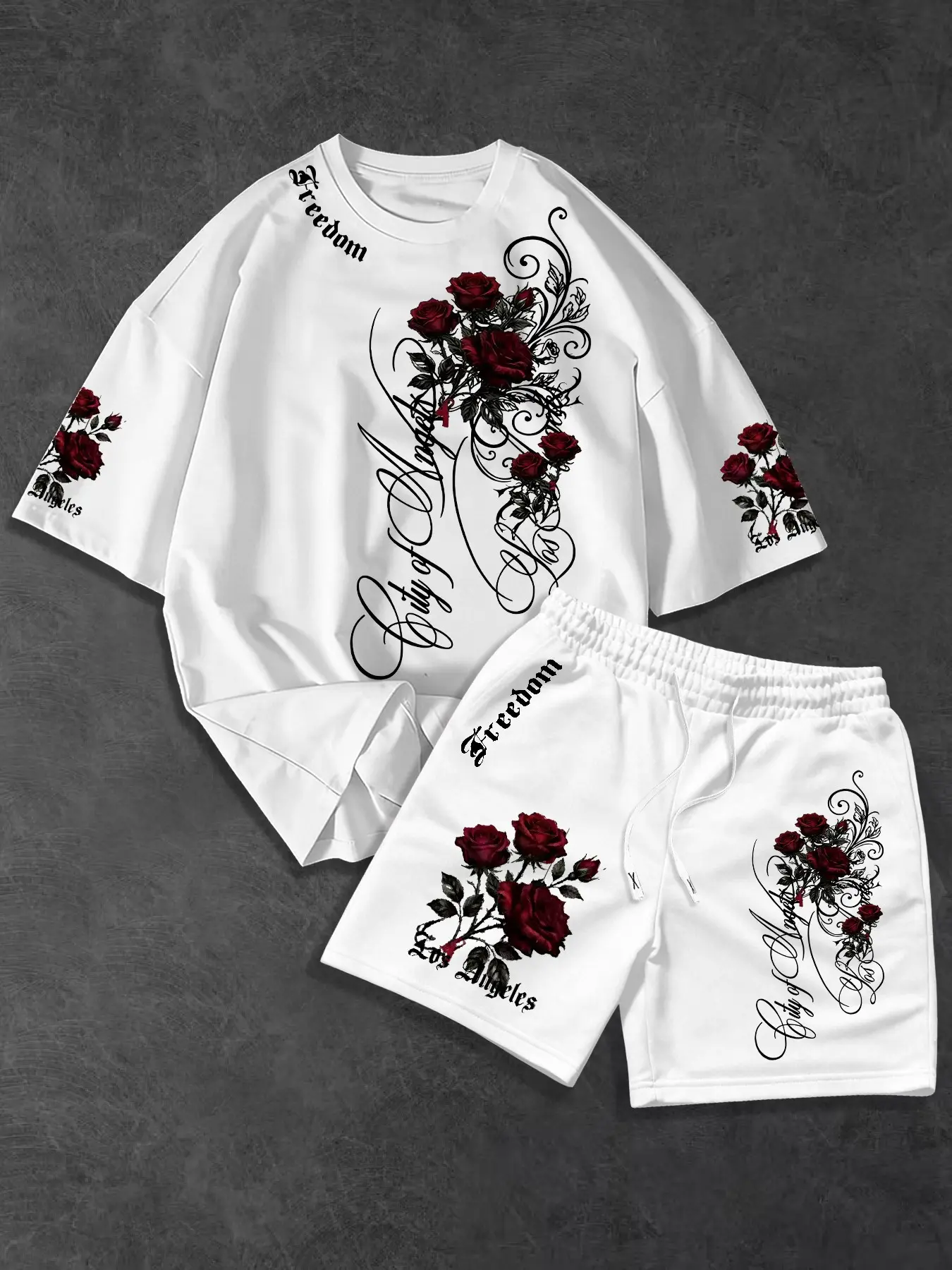 Men's Summer Gothic Style Rose Print T-Shirt and Shorts Set, Outfit, Elastic Waistband, Loose Fit, Comfortable, Street Style, Streetwear, Menswear, Shorts Matching Set