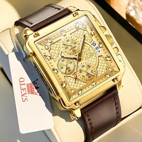 OLEVS G9925 Square Watches for Men Brown Leather Chronograph Fashion Business Watch Luminous Waterproof Analog Quartz 30m Dive Resistant