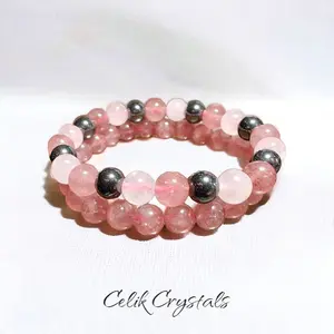 Strawberry Quartz | Rose Quartz | Hematite Bracelet Stack 2 Pieces 8mm Women's Healing Set - Love, Compassion, Inner Joy