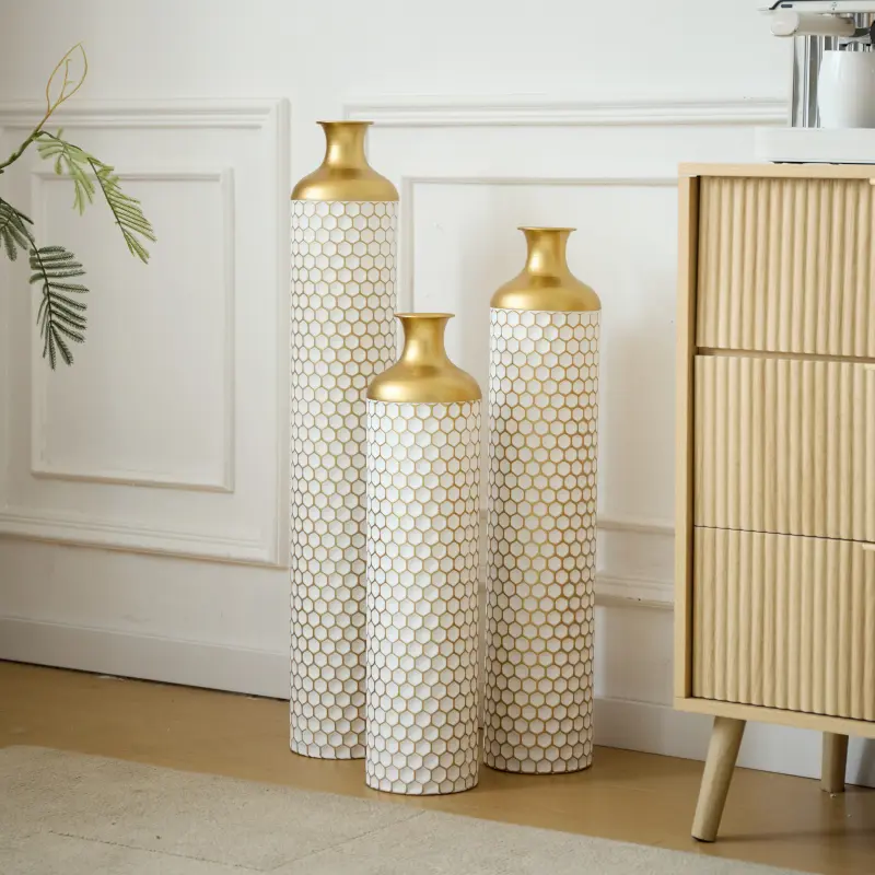3-Piece Tall Modern Droplet-Shaped White Glaze Glossy Polished Metal Floor Vases Set, Indoor Furniture, Glam Home Decor Decoration Accessory, 15.2 lbs Gold-Accent Elegant Display Centerpieces