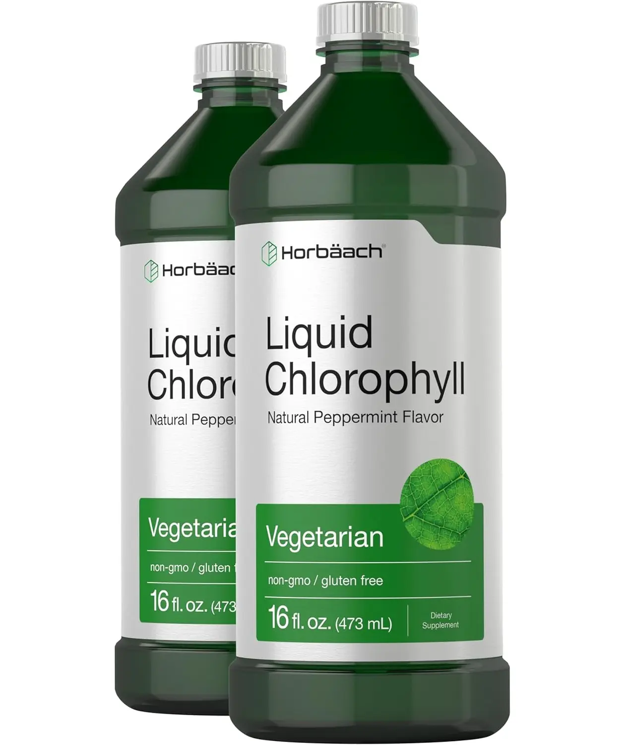 Horbäach Chlorophyll Liquid Drops | 100mg | 32 oz (2 x 16 oz Bottles) | Natural Peppermint Flavor | Vegetarian, Non-GMO, Gluten Free Supplement