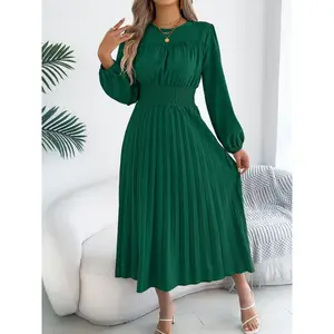 Women’s plain dress with frill trim, shirring and pleating; casual chic elegant bishop-sleeve keyhole-back dress for spring and fall; women’s clothing for daily wear; womenswear