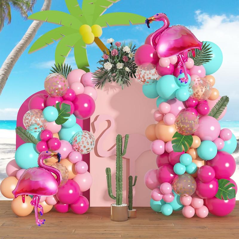 124Pcs Tropical Flamingo Balloon Arch Garland Kit 40" Flamingo Balloons Hot Pink Confetti Balloons Tropical Palm Leaves 4 Tools Hawaiian Luau Birthday Wedding Baby Shower Party Decorations Supplies Float