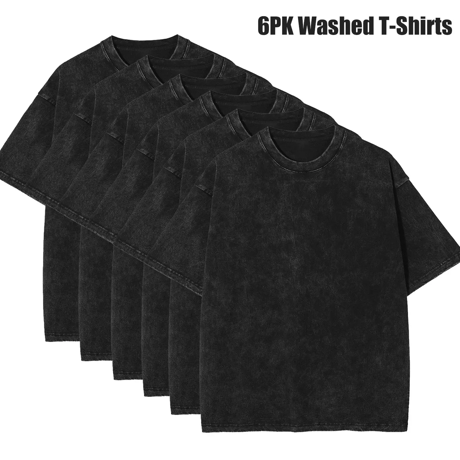 6 Pack Mens Washed Black T-Shirts, Vintage Heavyweight Cotton Short Sleeve Tops, Casual Gym Workout Acid Wash Baggy Streetwear Tees