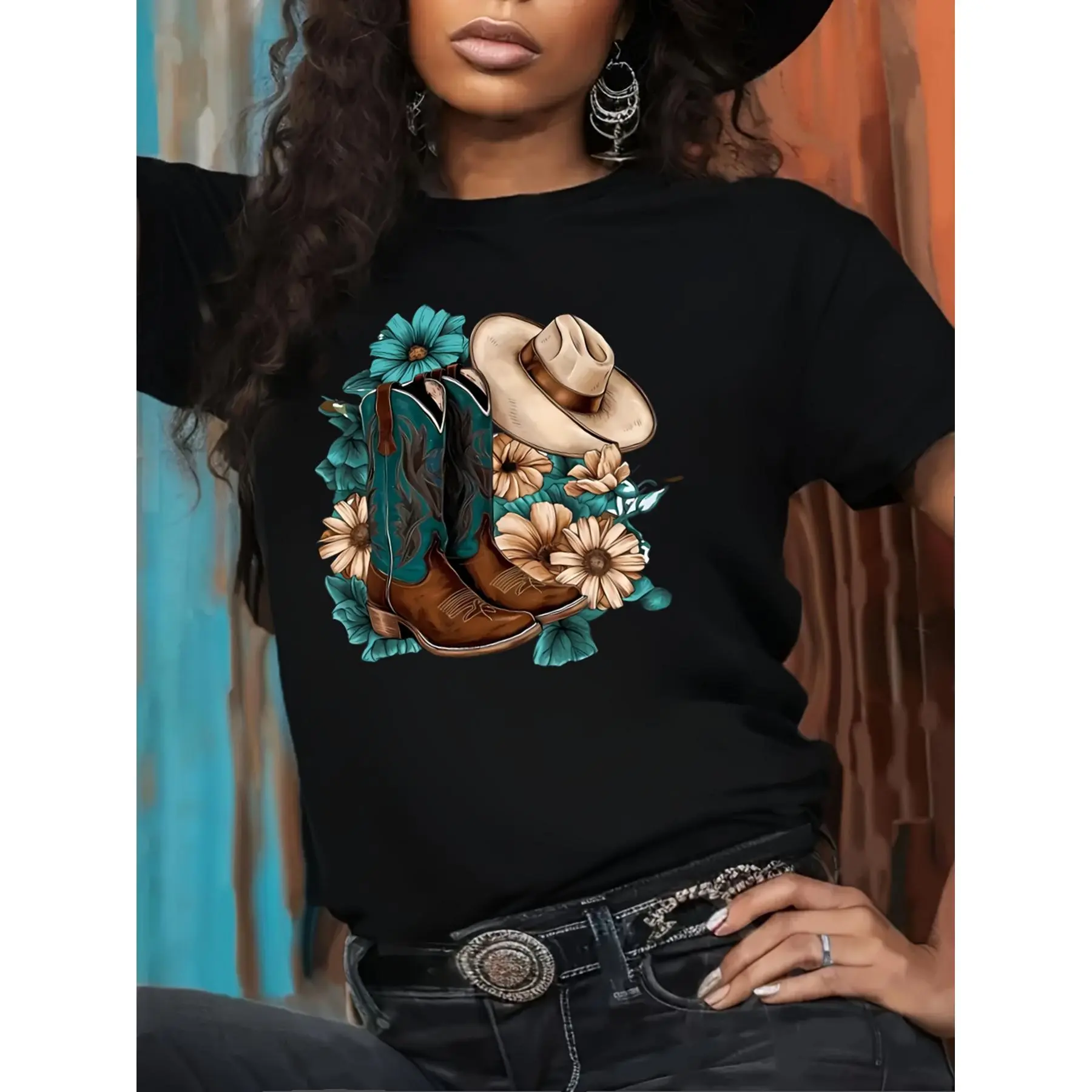 Women's Western Cowboy Boots and Hat Graphic T-Shirt, Short-Sleeve Round Neck Casual Fit Top, Versatile All-Season Western-Inspired Graphic Women's T-Shirt, Shortsleeve, Tshirt