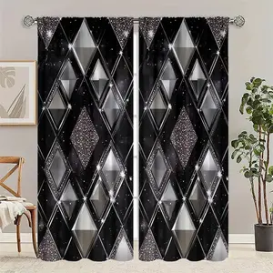 2pcs Silver Color Diamond Pattern Curtains, HD Digital Print, Rod Pocket Installation, 100% Polyester, All-Season UV Protection