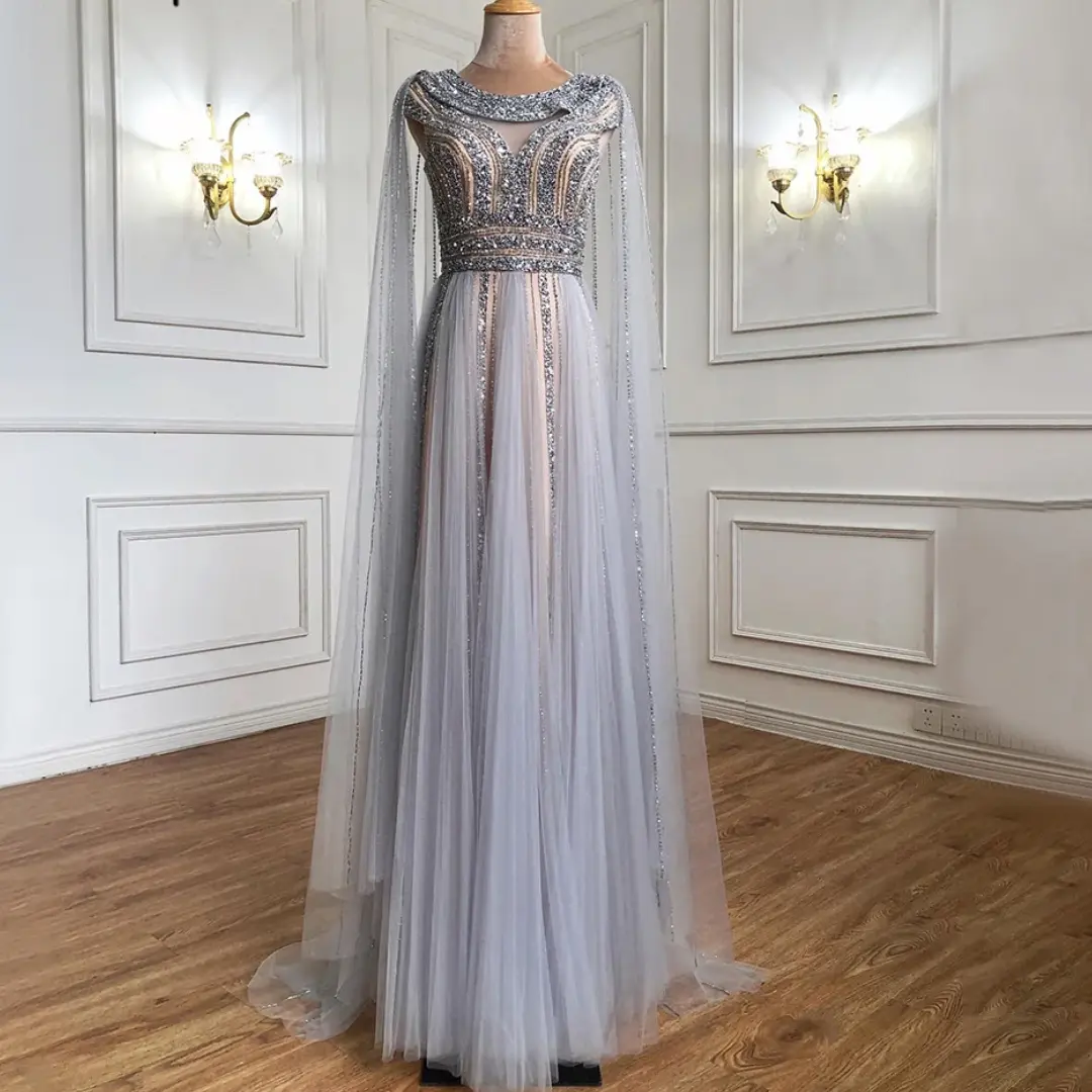 Gold Cape Sleeves A-Line O-Neck Evening Dresses Gowns Luxury Beaded 2024 For Women Party
