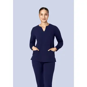 Long Sleeve Notch Neck Top Navy
