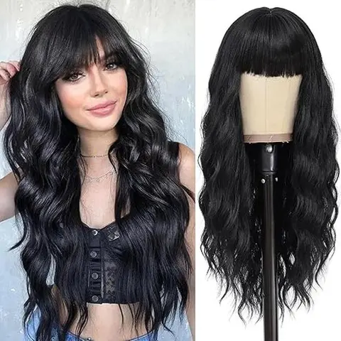 Women's 26-Inch Deep Wavy Curly Black Fashionable Glueless Soft Wave Fluffy Effortless Wear Synthetic Full Wig with Bangs, Heat-Resistant for Daily Use, Fashionable Glueless Wig