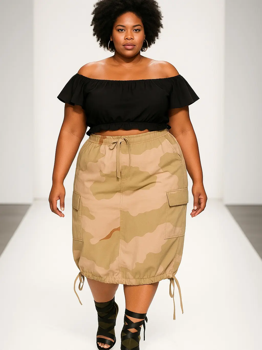 Women's Plus Size Camouflage Cargo Skirt - Drawstring Waistband, Elastic Fit, Casual Everyday Bottom with Pockets for Comfort & Style