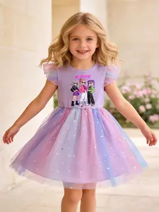 Toddler Girls Puffy Dress Set, Cartoon Anime K-Pop Princess Skirt, Ribbed Knit Top with Soft Star Sheer Skirt, Birthday Party Clothes, 4-7 Years