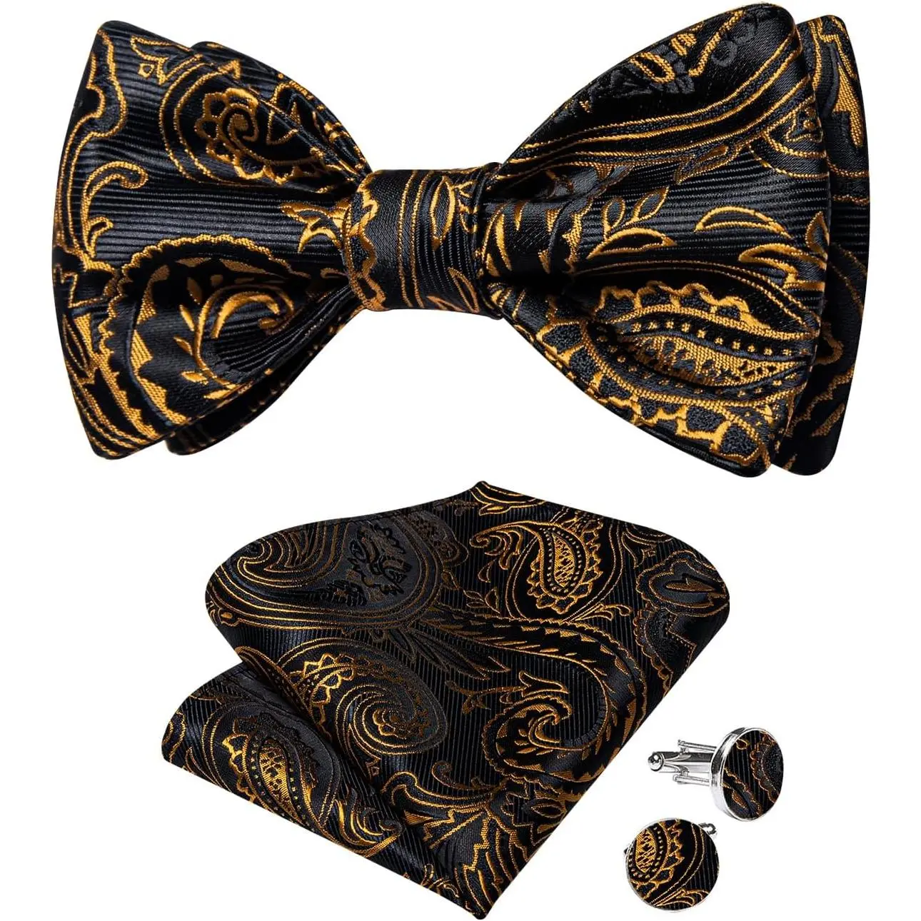 Men's Handmade Silk Self Bow Tie Set - Woven Solid/Striped/Paisley Bow-Tie Neckties, Pocket Square, Cufflinks for Tuxedo Weddings | Blue Gold, Gold Textured, Ornate Neckties
