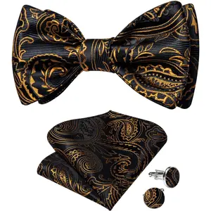 Mens Silk Self Bow Ties,Woven Solid Striped Paisley Bowtie and Pocket Square Cufflinks Set for Men Tuxedo Wedding