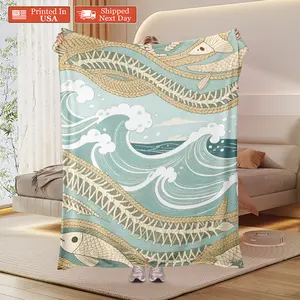 Japanese Great Wave Skeleton Fish Blanket: Ukiyo-E Inspired Ocean Art Throw With Coastal Vibes, Ultra Soft Plush Fleece Blanket Printed In USA For Nautical Decor Lovers
