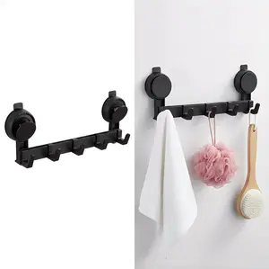 Heavy Duty 5 Hooks Black Suction Cup Hook Rack - No Drilling Adjustable Towel & Coat Hanger, Removable Multi-Use Damage Free Organizer for Bathroom, Kitchen, Entryway, RV, Office