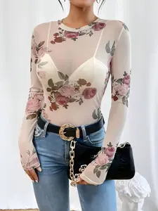 Women's High Neck Casual Chic Fitted Long Sleeve Top, Elastic Mesh Floral Print, Comfortable and Stylish, Perfect for Daily Wear