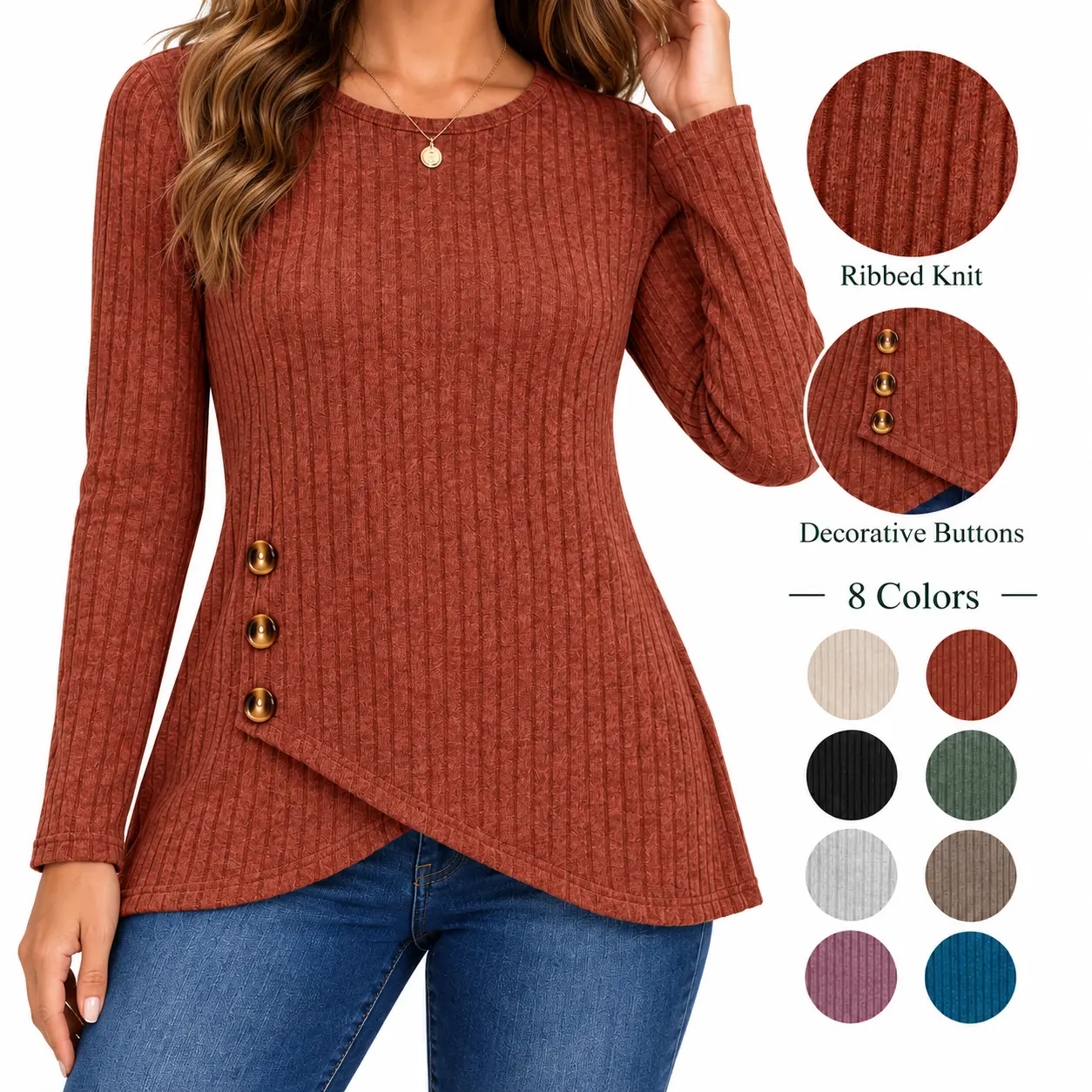 Wiholl Fashion Tunic Sweaters for Women Long Sleeve Shirts Crew Neck Tops with Buttons Fall Fashion Outfits Winter Clothing