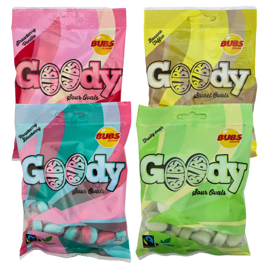 Bubs Swedish Candy Goody 4 Pack - 90g Bags - Strawberry Vanilla, Blueberry Raspberry, Banana Toffee, Fruity Pear,Sweet and Sour Gummies Snack Bonbon s
