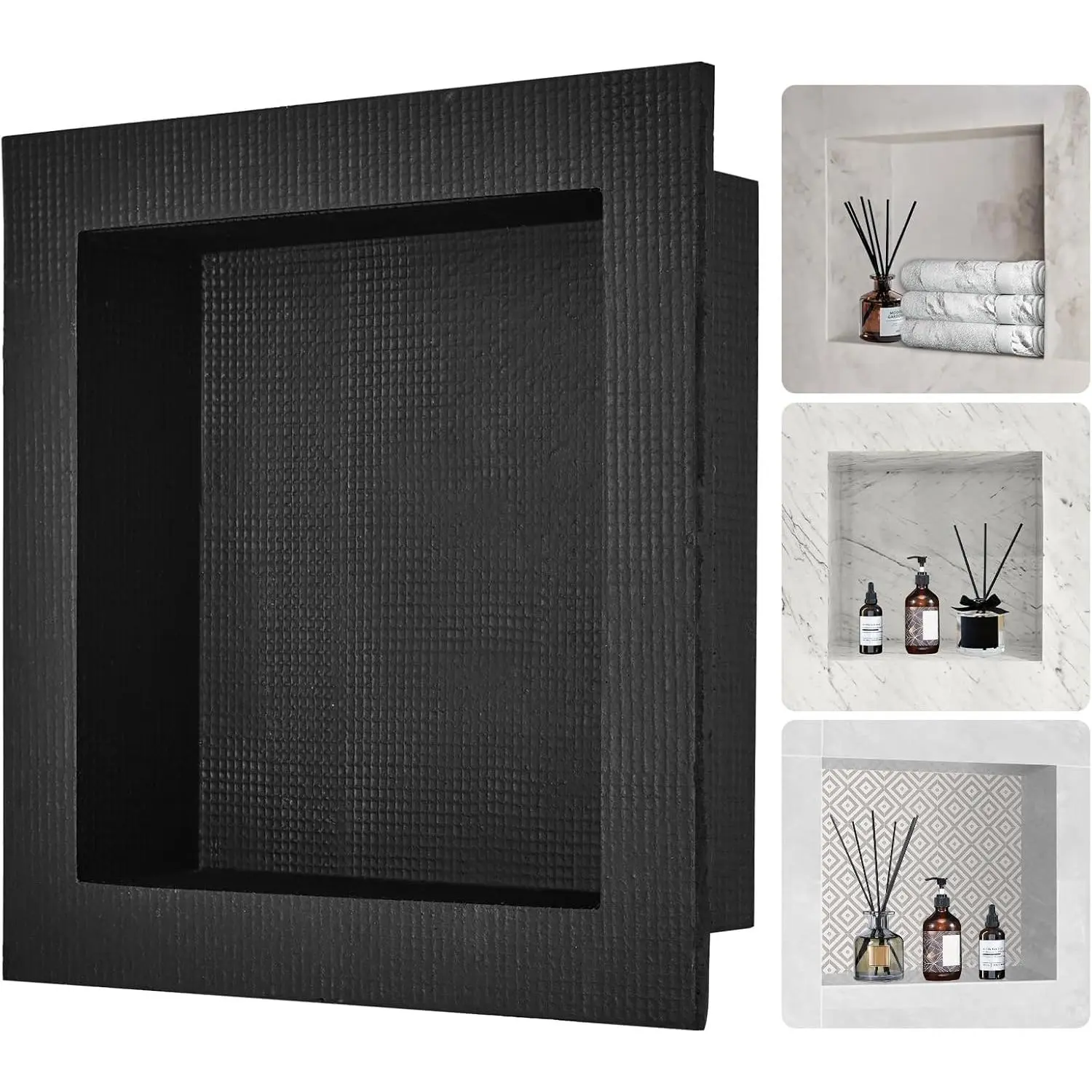 16x16'' Rectangular Black Flush Mount Wall-Inserted Shower Niche Insert, 3.5-in D Single Shelf Organizer, Waterproof, Durable, Eco-Friendly, High Compressive Strength, Multi-Layer Soap Storage, Easy Installation, Prevents Wall Damage (Tools & Hardware)
