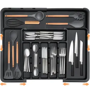 Cutlery Tray Kitchen Utensil Organizer, Dual Expandable Width & Depth Silverware Holder with Removable Dividers, Large Flatware Storage Insert for Kitchen Cabinets, Fits 13.2"-22"W Drawers, Black.