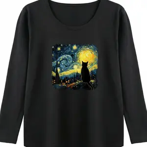 Van Gogh's Starry Night-Inspired T-Shirt, Featuring a Black Cat Amidst the Starry Night, a Perfect Gift for Art Lovers. A Retro-Style Crew Neck Top, Comfortable and Unisex for Summer.