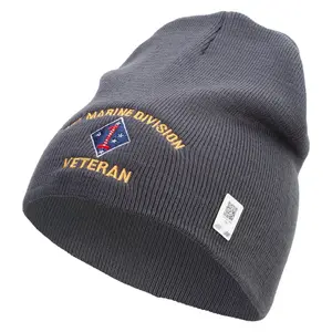 1st Marine Division Veteran Symbol Embroidered 8 Inch Solid Knit Short Beanie Made in USA