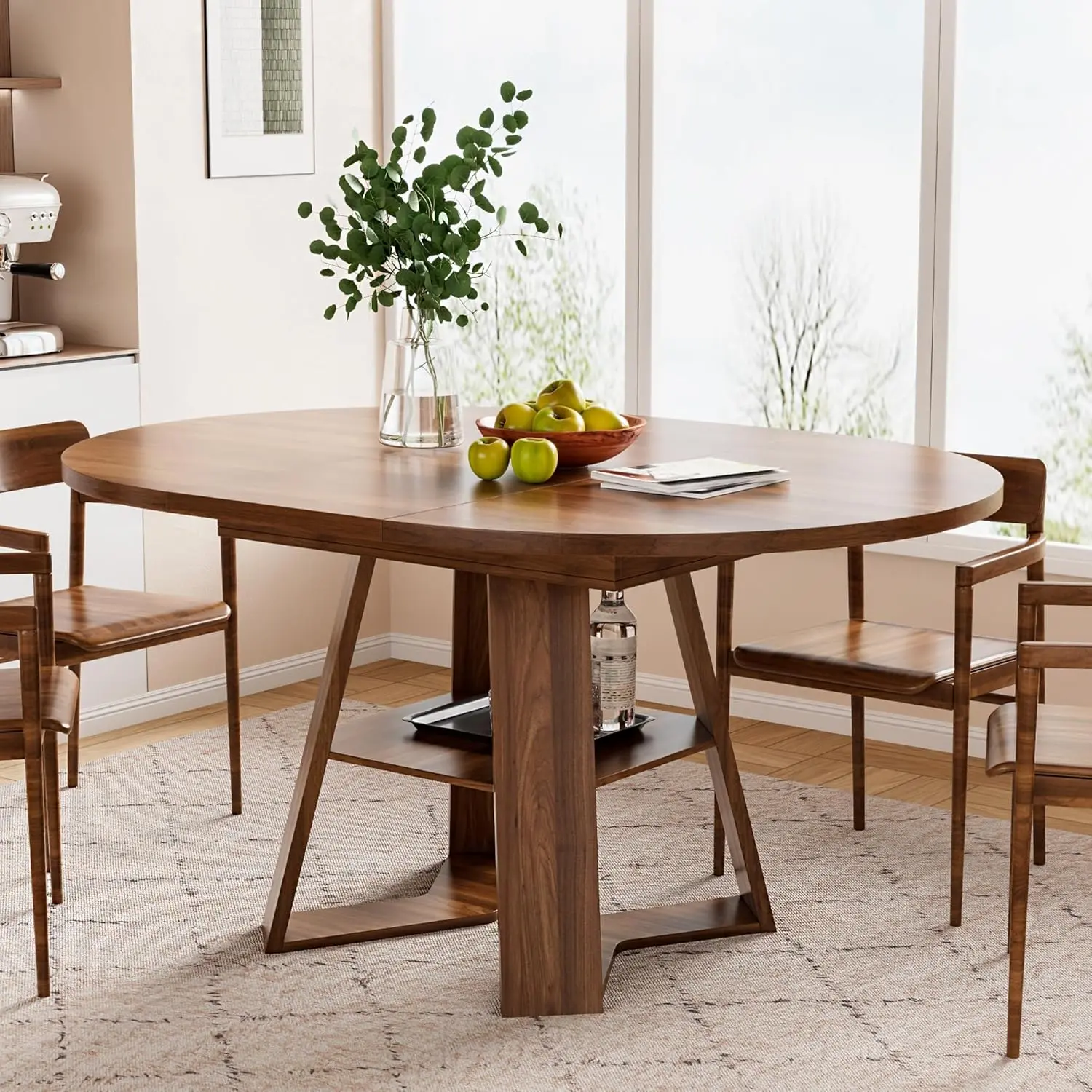 Modern Round-Oval Expandable Foldaway Dining Table - 43.3in-59in Extendable with Removable Leaves, Wood Base with Storage Shelf, Long-Lasting Family-Friendly Space-Saver for 4-8 People in Kitchen/Living Room, Foldaway Dining Tables, Expandable Dining Tabl
