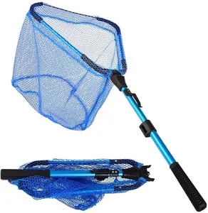Collapsible Rubber Fishing Net with Handle, Folding Kayak Net for Freshwater or Saltwater, Portable Landing Net for Trout, Catfish, Bass