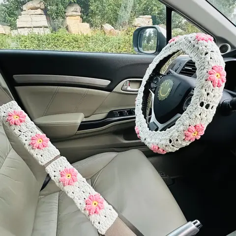 Crochet Car Steering Wheel Cover for Women, Girly Car Accessories Cute for Interior Decoration, Car Interior Accessory, Flower Pattern Protective Cover for Car Steering Wheel & Seat Belt