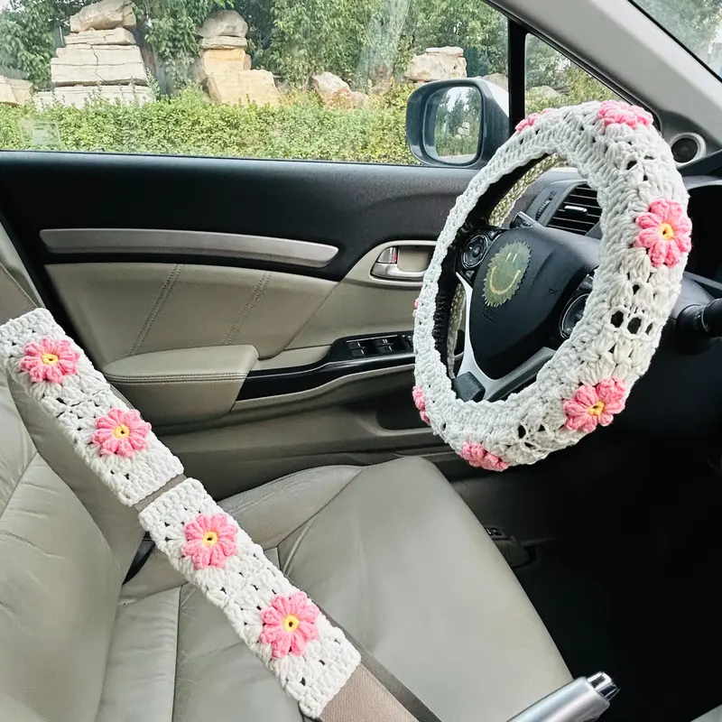 Crochet Car Steering Wheel Cover for Women, Girly Car Accessories Cute for Interior Decoration, Car Interior Accessory, Flower Pattern Protective Cover for Car Steering Wheel & Seat Belt