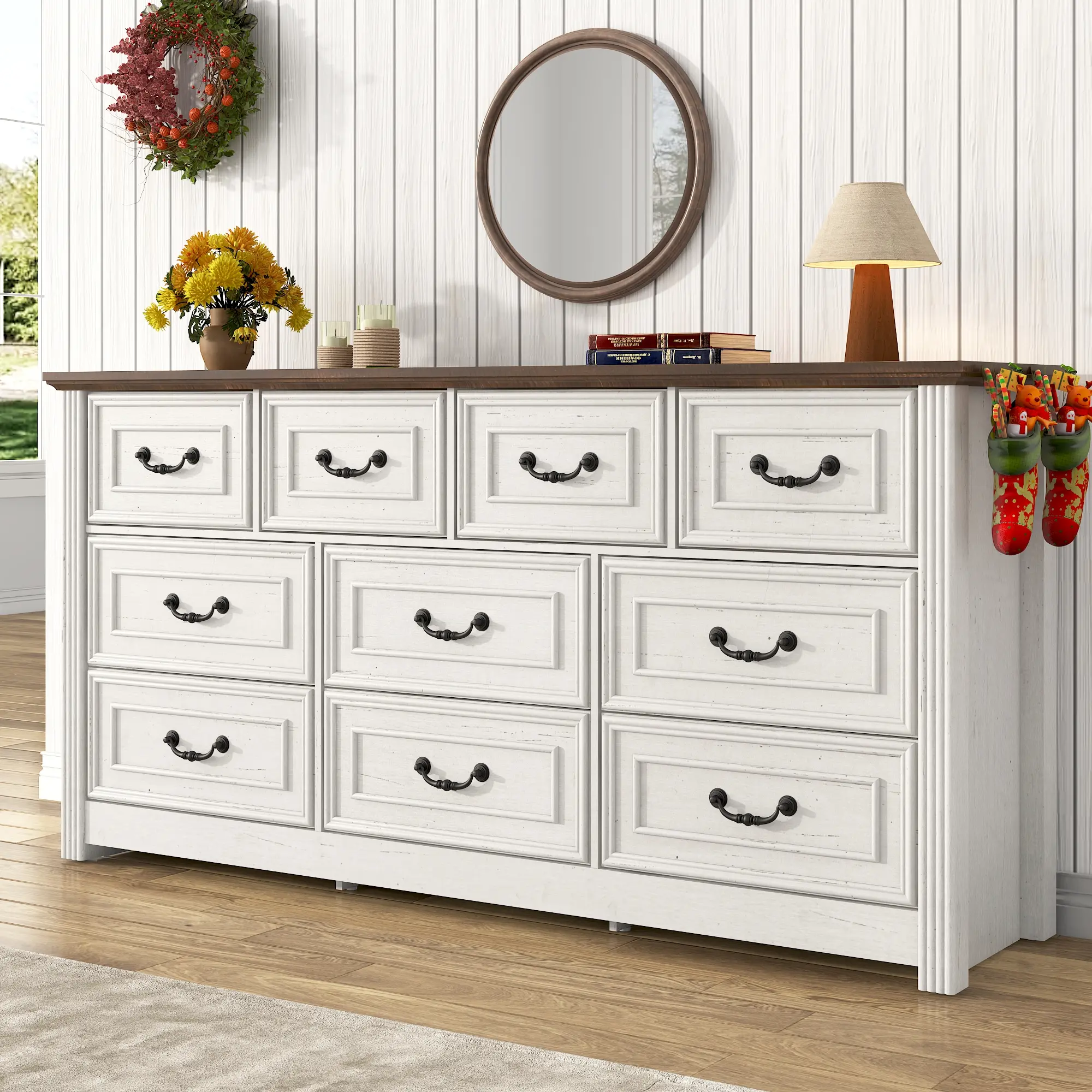 63/47.2 in Retro Farmhouse Wooden Storage Cabinet - 10/7Drawers Wood Bedroom Dresser with Rustic Handles, Wide Home Indoor Furniture Organizer for Living Room Room Decor (Assembly Required), House Decor