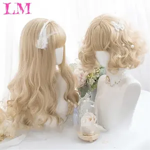 LM Blonde Short Curly Bob Synthetic Wigs with Bangs Golden Lolita Cosplay Wigs for Women Daily Party Cosplay Heat Resistant