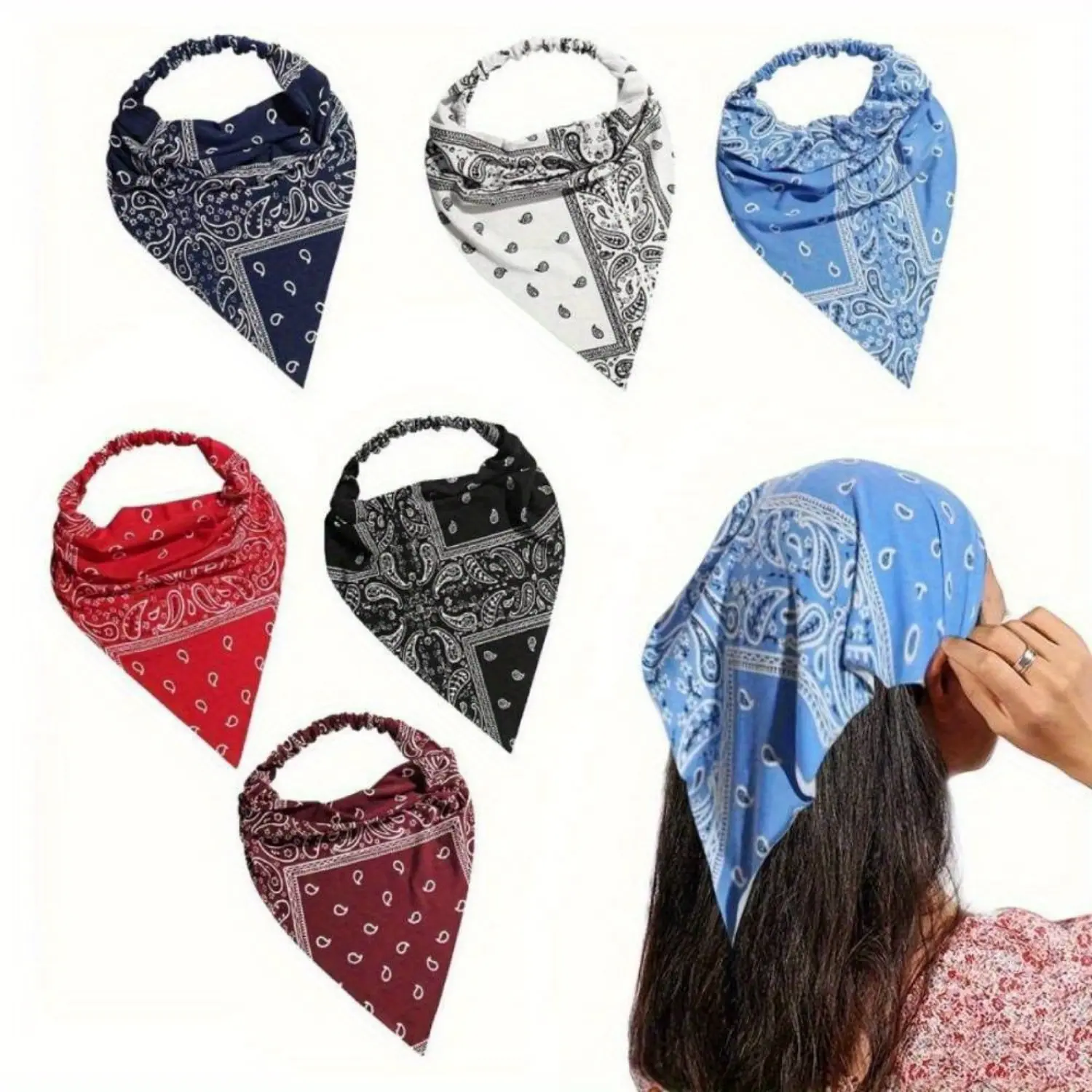 Women's 6-Pack Interchangeable Sporty Sports Headbands - Elastic Hair Kerchiefs, Large Boho Triangle Bandana Scarves with Clips