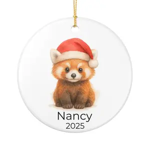Personalized Baby Red Panda Christmas Ornament - Cute Watercolor Animal with Santa Hat - Custom Name & Year - Kids Holiday Keepsake Gift