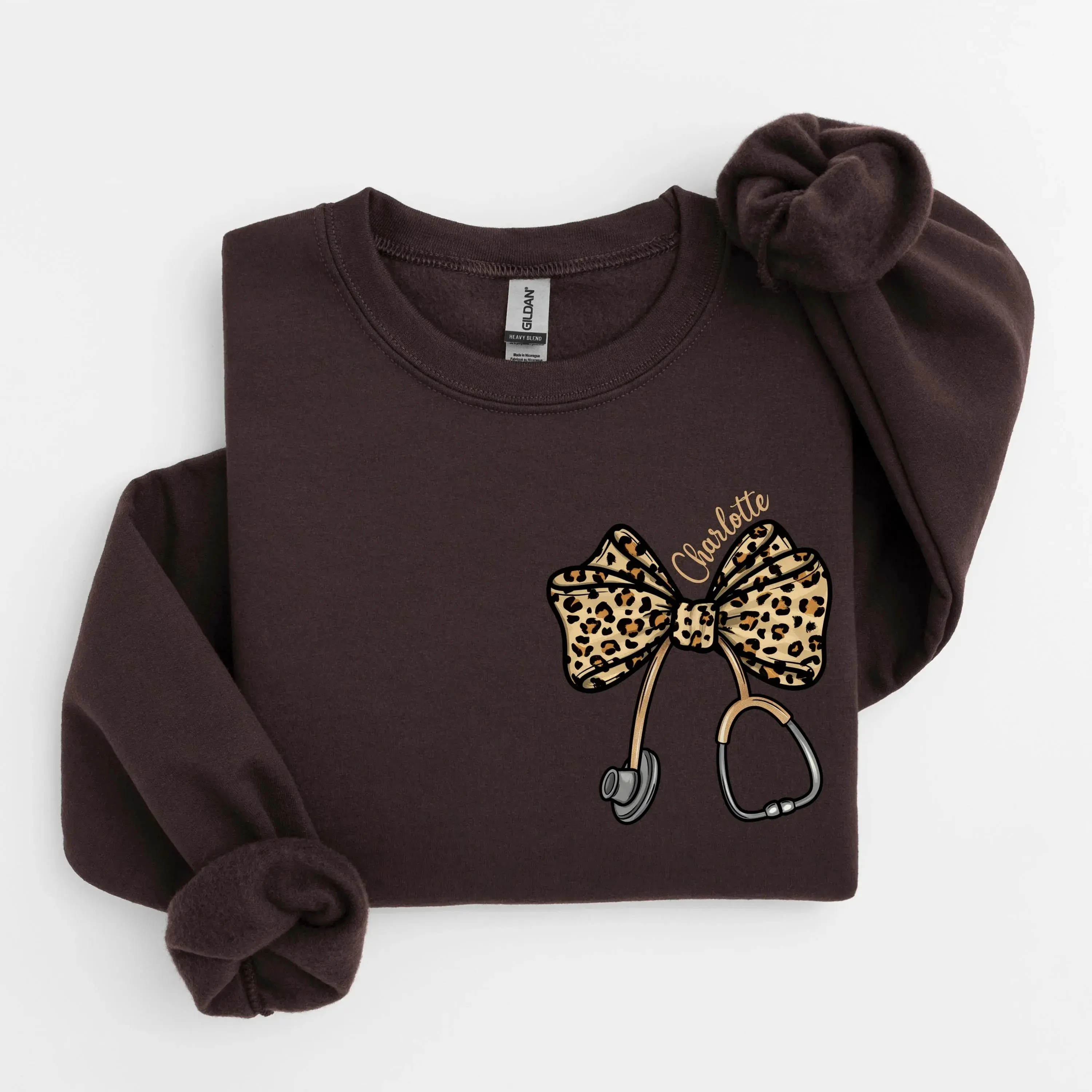 [Custom Name] Leopard Stethoscope Bow Sweatshirt or T-Shirt, Coquette Nurse Hoodie, Nurse Appreciation Gift, Nursing Student Sweatshirt, Healthcare Sweater.