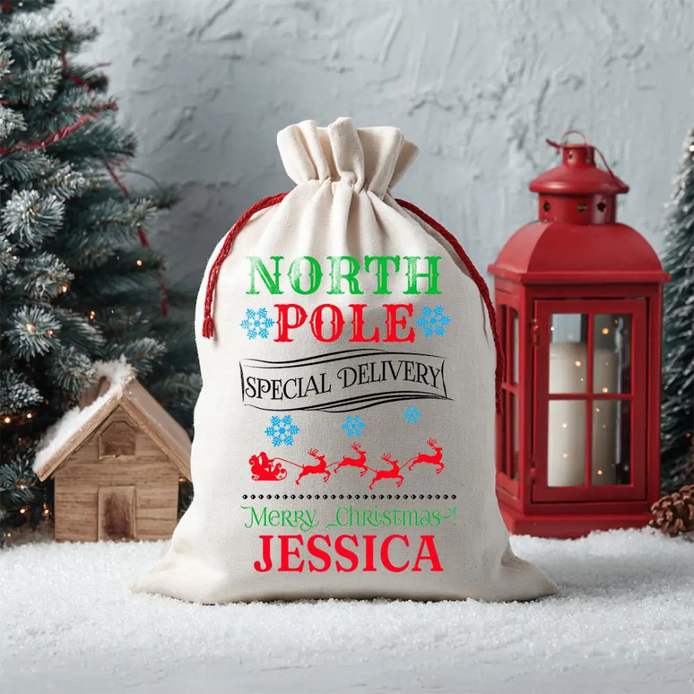 North Pole Special Delivery Sack Personalized Santa Gift Bag Merry Christmas Sack