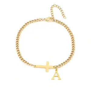 Electroplated 18K Gold Plated Hexagonal Grinding Chain Adjustable Men's/Women's Fashion Bracelet with Cross and A-Z Letters Perfect for Daily Occasion