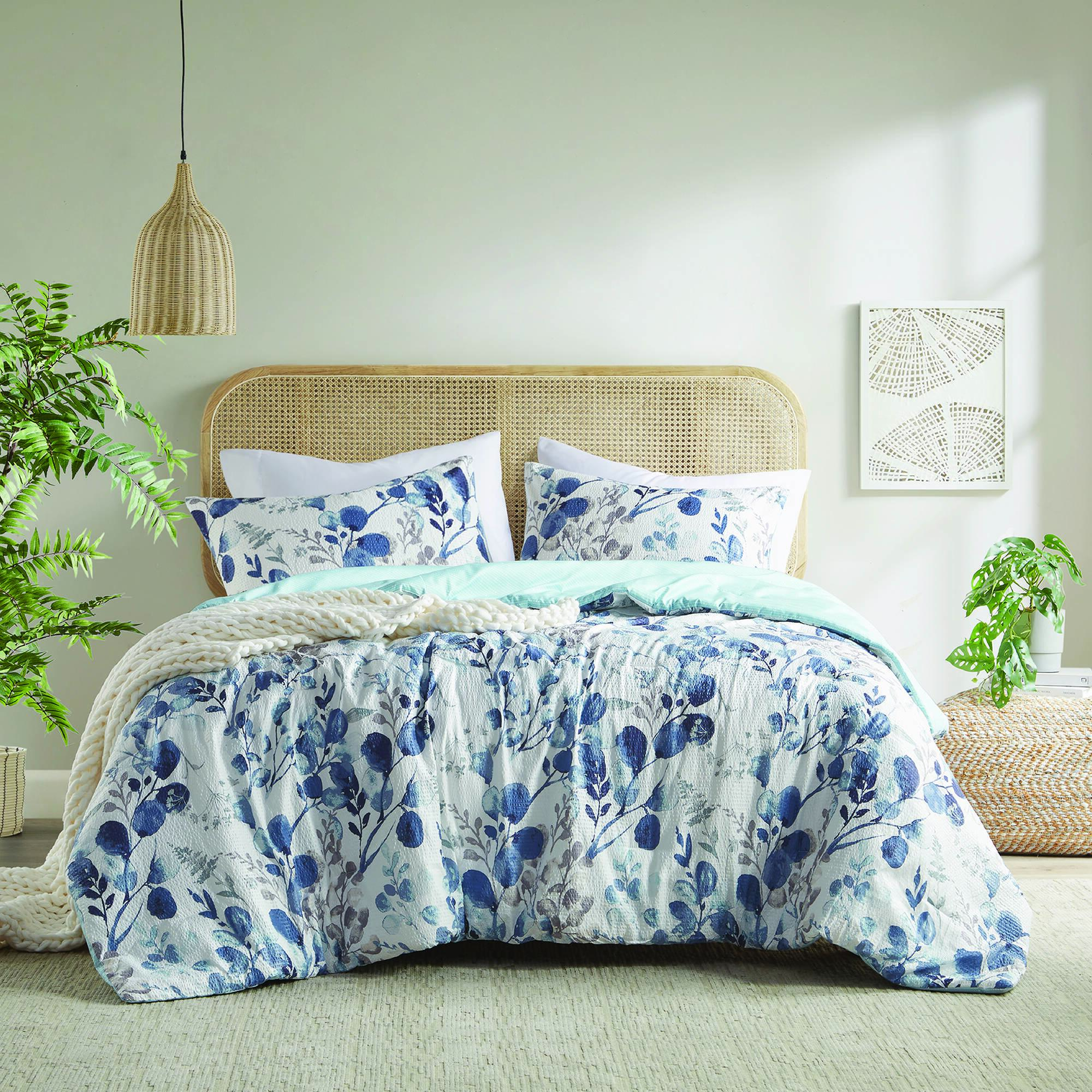 3/6/9 Piece Comforter Sets, Reversible Seersucker Floral Bedding Sets, Lightweight Botanical Flowers Comforter Bedde Set with Pillow Shams
