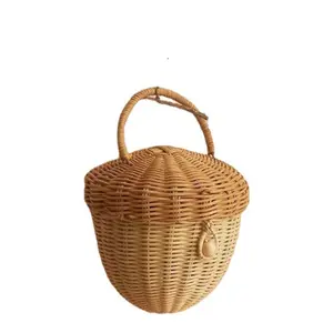Garvee Acorn Basket With Lid Storage Basket Hand Bag Rattan Acorn Storage Basket Organizer Cute Handcrafted Gift Decoration Artwork Wicker Newborn Photography Accessories Acorn One size