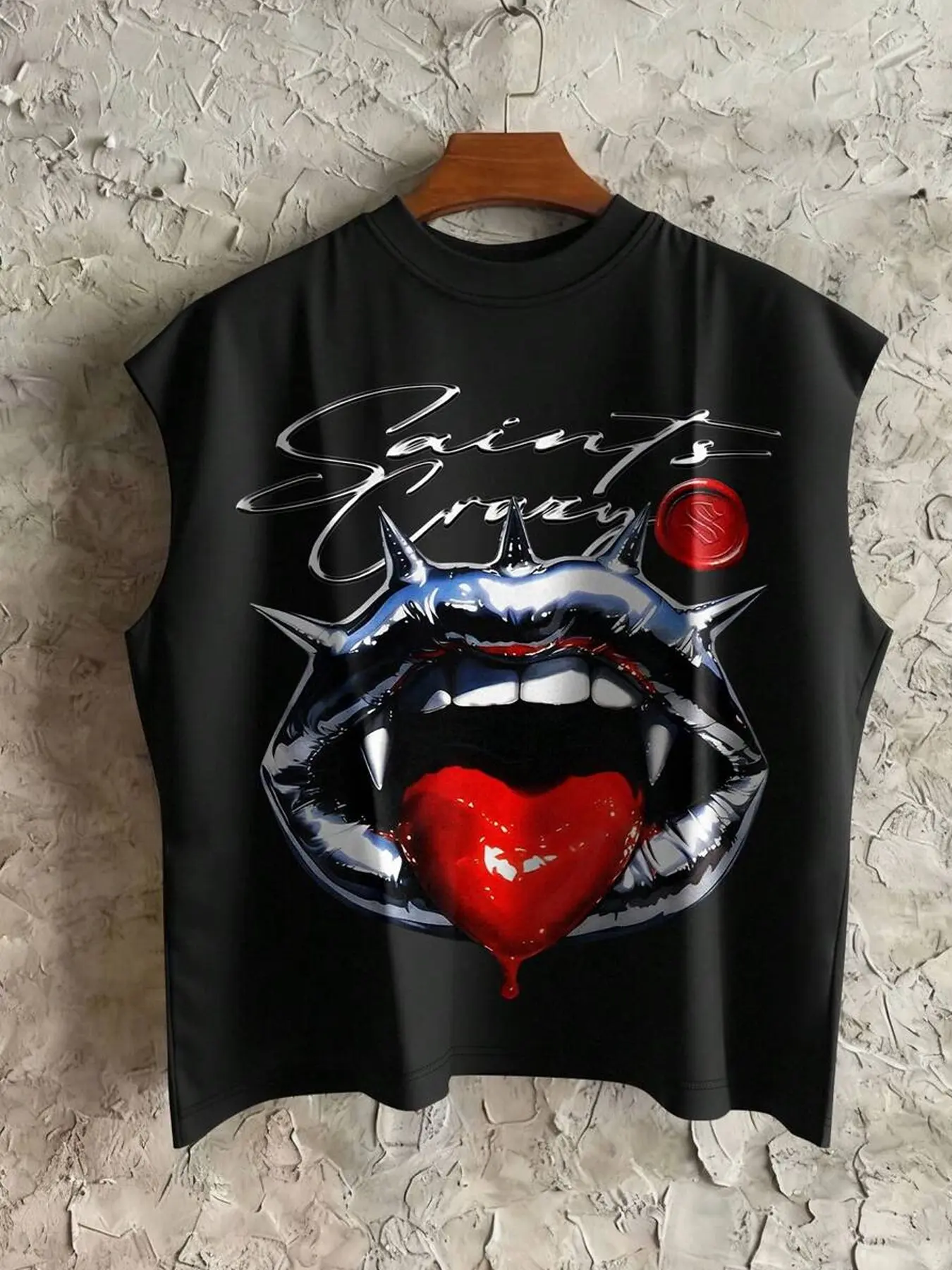 Y2K Cybercore Chrome Lips Graphic Muscle Tee - Oversized Sleeveless Streetwear Vest with Spiky Heart Detail for Summer Rave & Alt Fashion Dance Tank Top