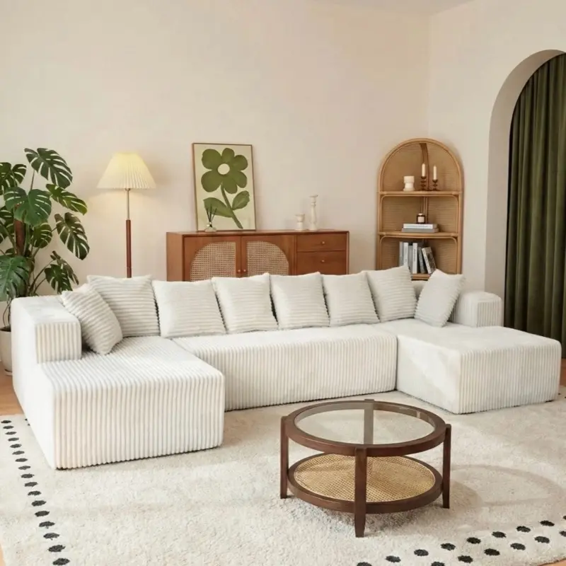 130" Cloud Corduroy U-Shaped Modular Sofa, No Assembly, Beige