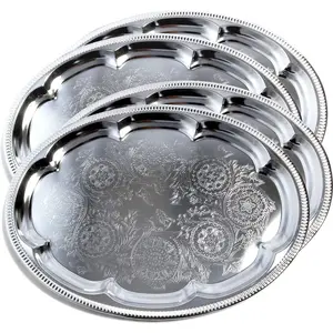 (Pack of 4 Elegant Floral Engraved Serving Tray Chrome Plated Steel Plate Platter Wedding Birthday Holiday Party  Buffet Decor Shiny  Color (Oval 18.1" x 13.3")