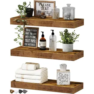 Floating Shelves for Wall Bathroom Shelf Bedroom Kitchen Living Room Hanging Book Shelves Small Farmhouse Decor 16 inch Set of 3, Rustic Brown