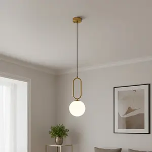 Ball Pendant Light with Plastic Shade, Adjustable Cable, Brushed Brass Finish, Hanging Lamp for Kitchen Island Bedroom