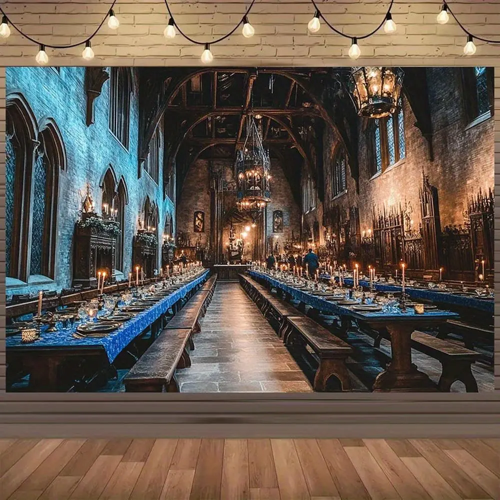 1pc 2D Flat Banner bg Cloth - Magical Mysterious Castle Banquet Hall Scene Backdrop Perfect Wizard School Theme Parties Halloween Events Dinner Decorations. Immerse Yourself a Fantasy World Magic Enj