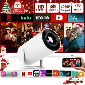 HY300 Pro Projector, Android OS, built-in speakers, supports Wi‑Fi, Bluetooth, 1080p decoding, 130‑inch screen, 1280×720/1080p resolution, H713 chip, 180° rotatable mini portable design, home theater, outdoor video playback, white audio, Christmas gift