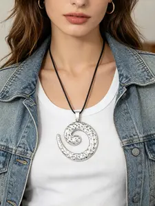 1pc Boho Silver Color Necklace for Women,Vintage Large Spiral Vortex Symbol Pendant Necklaces,Ethnic Style 35 Inch Wax Rope Necklace Jewelry,Fashion Statement Gift for Men Women Daily Wear