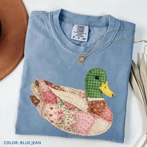 Comfort Colors Patchwork Duck Shirt, Cute Mallard Duck Graphic Tee, Vintage Cottagecore Farm Animal T-Shirt, Floral Quilted Duck Art, Country Aesthetic Unisex Garment Dyed Tee
